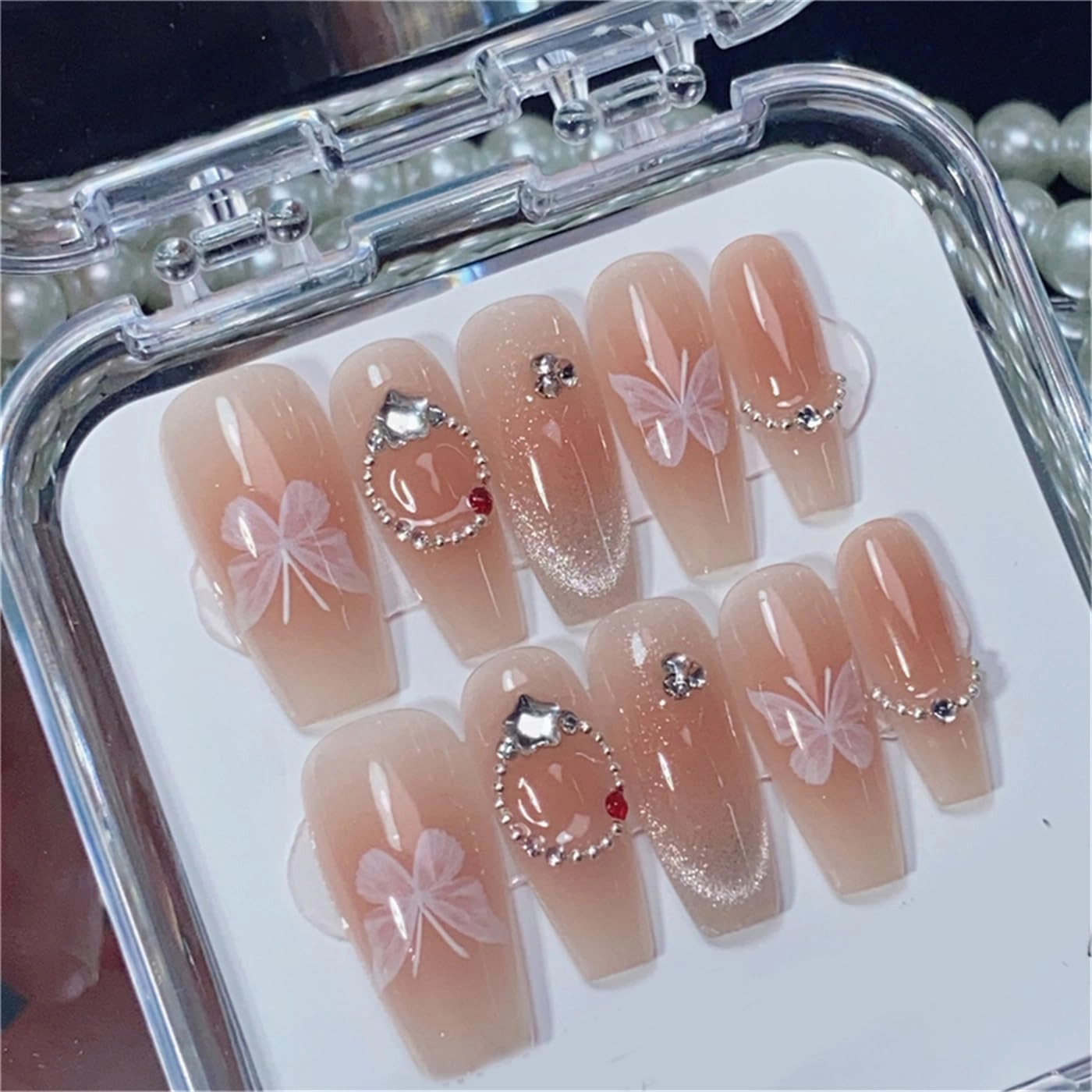 Coffin Long Handmade Nails Blooming Blush Press on Nails Shiny French Tips Nail Art Decoration for Women and Girls Manicure 10pcs (XS)