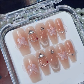 Coffin Long Handmade Nails Blooming Blush Press on Nails Shiny French Tips Nail Art Decoration for Women and Girls Manicure 10pcs (XS)