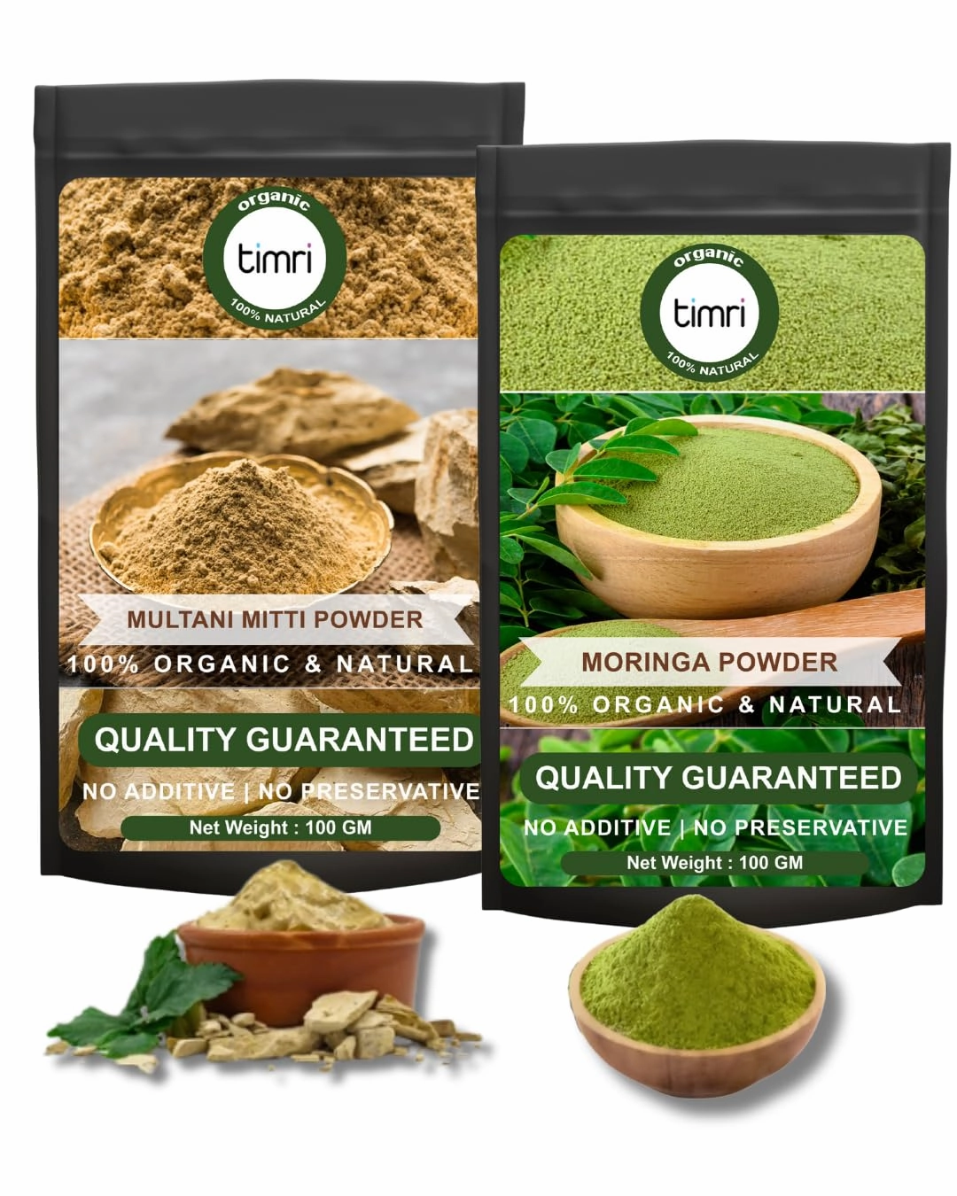 Combo of Organic Moringa and Multani Mitti Powder - 100% Organic & Natural Clay for Skin Care, Face Powder, Natural Cosmetic Supplement