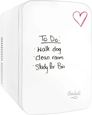 Cooluli Vibe Mini Fridge for Bedroom - With Cool Front Magnetic Whiteboard - 15L Portable Small Refrigerator for Travel, Car & Office Desk - Plug In Cooler & Warmer for Food, Drinks & Skincare (White)