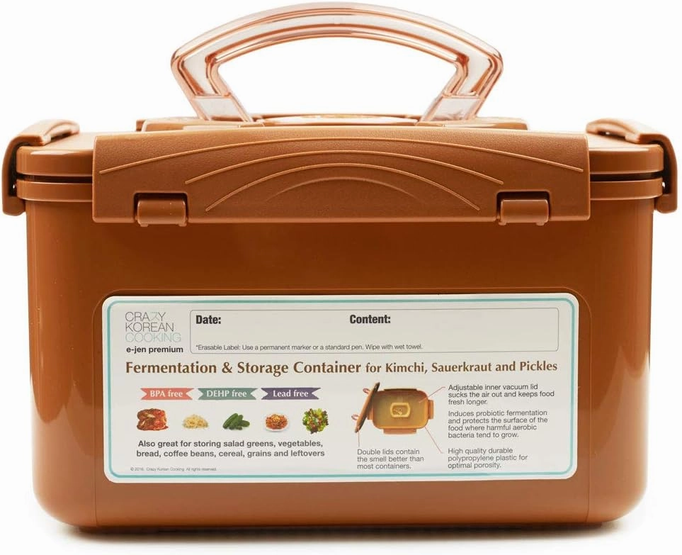 Crazy Korean Cooking Premium Kimchi, Sauerkraut Fermentation and Storage Container with Inner Vacuum Lid, Sandy Brown (1.3 Gal (5.2L) 1 PACK)