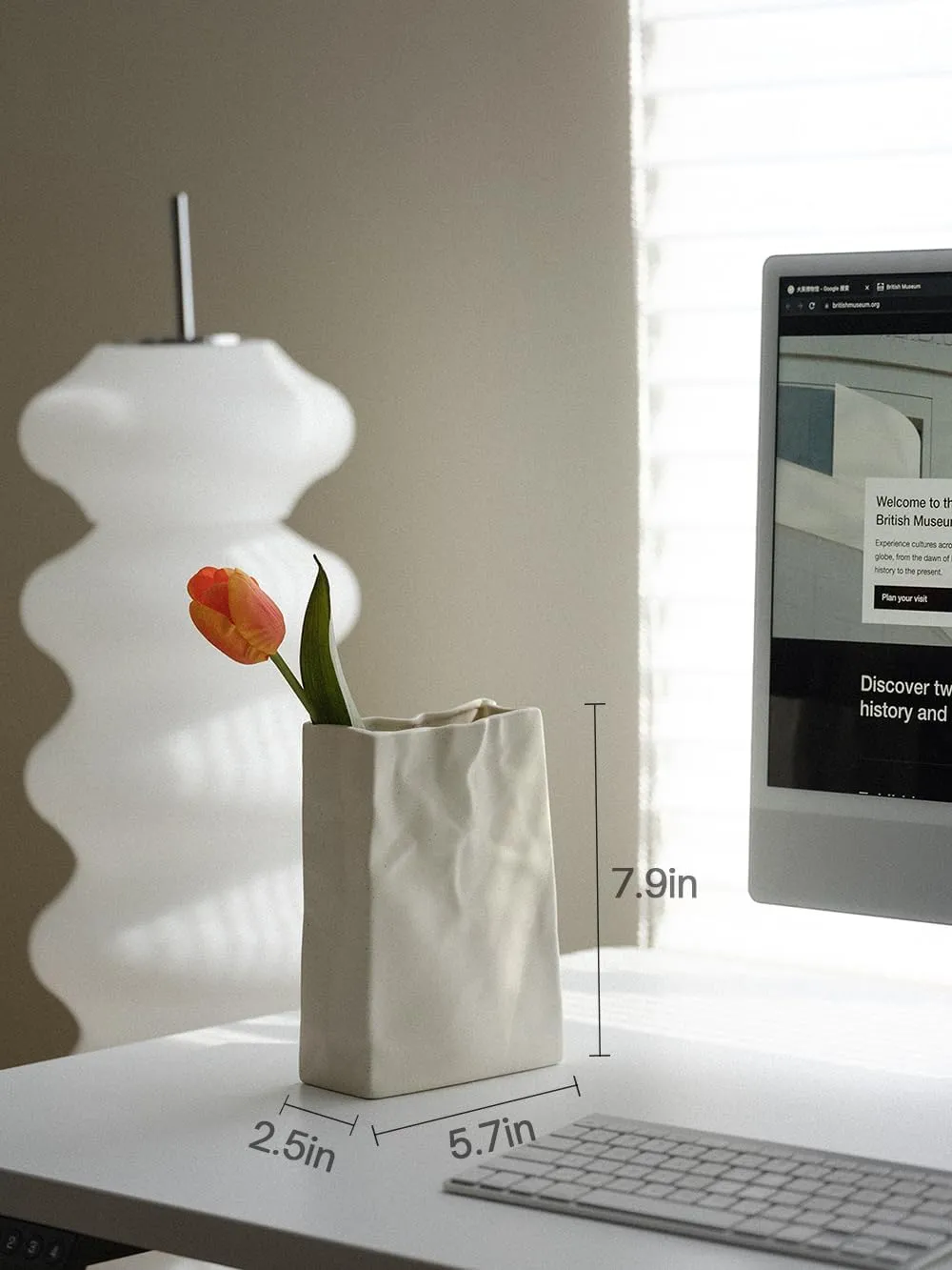 Crinkle Paper Bag Shape Ceramic Vase, Large Capacity for Flower Arrangement, Bookshelf Decorative (Matte Crème)