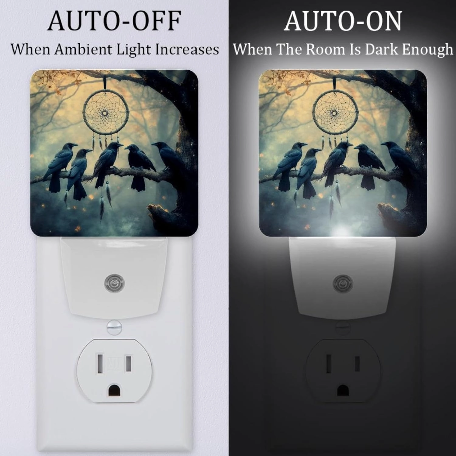 Crows Tree Branch Dreamcatcher Plug in LED Night Light Auto Sensor Dusk to Dawn Decorative Night for Bedroom, Bathroom, Kitchen, Hallway, Stairs, Hallway, Baby's Room, Energy Saving