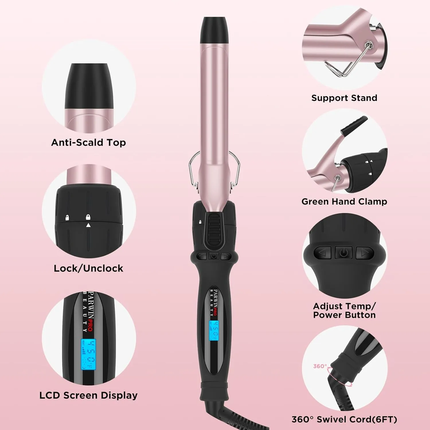 Curling Iron with Clamp PARWIN PRO BEAUTY 7 in 1 Curling Wand Set 0.5 to 1.5 Inch Interchangeable Barrels Adjustable Temp. Negative Ionic, Travel Dual Voltage 60mins Auto Shut Off, Rose Pink