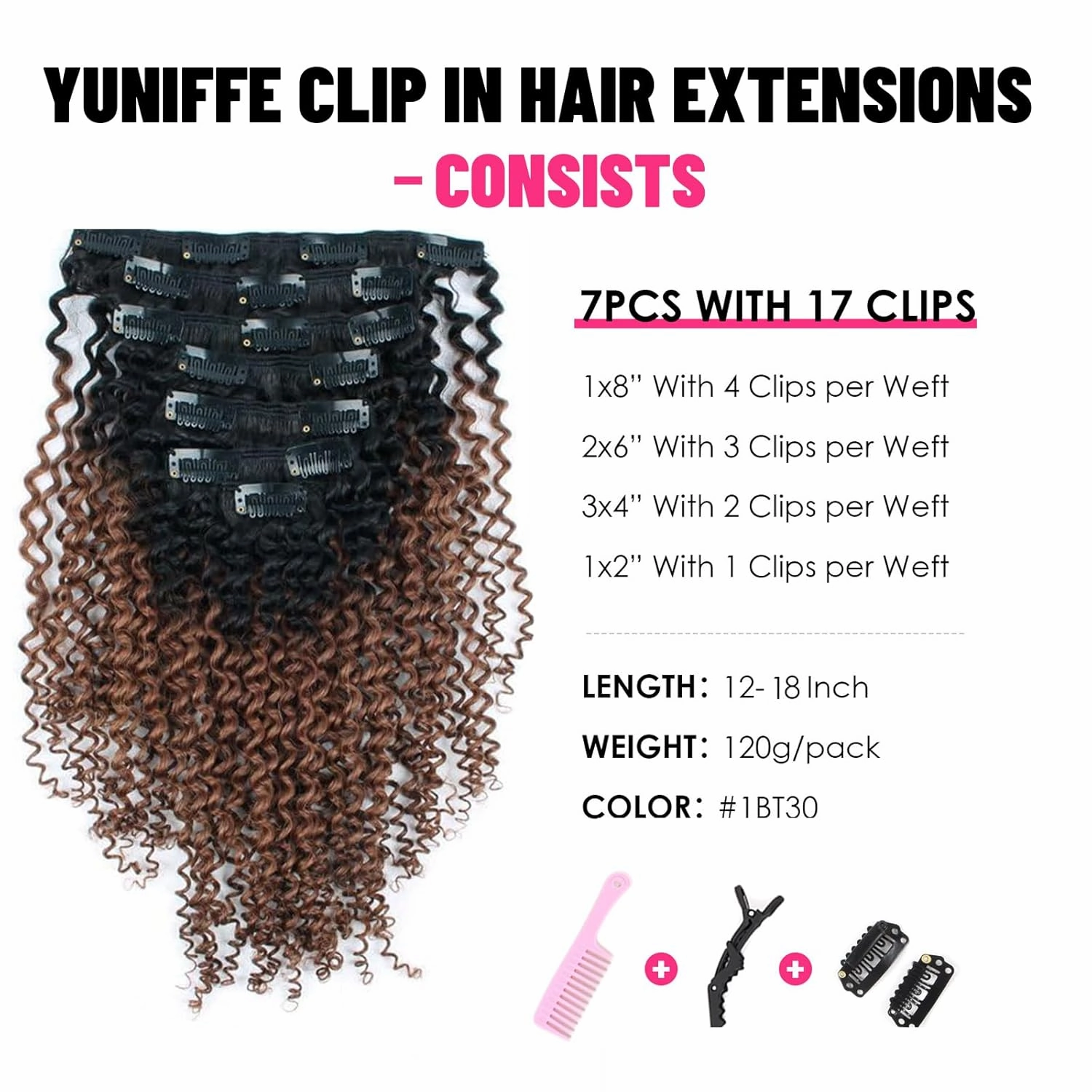 Curly Clip in Hair Extensions Real Human Hair 3C 4A Kinky Curly Clip ins Double Weft Curly Clip ins Human Hair Ombre Auburn Hair Extensions for Black Women 14 Inch 7Pcs 120g 1BT30