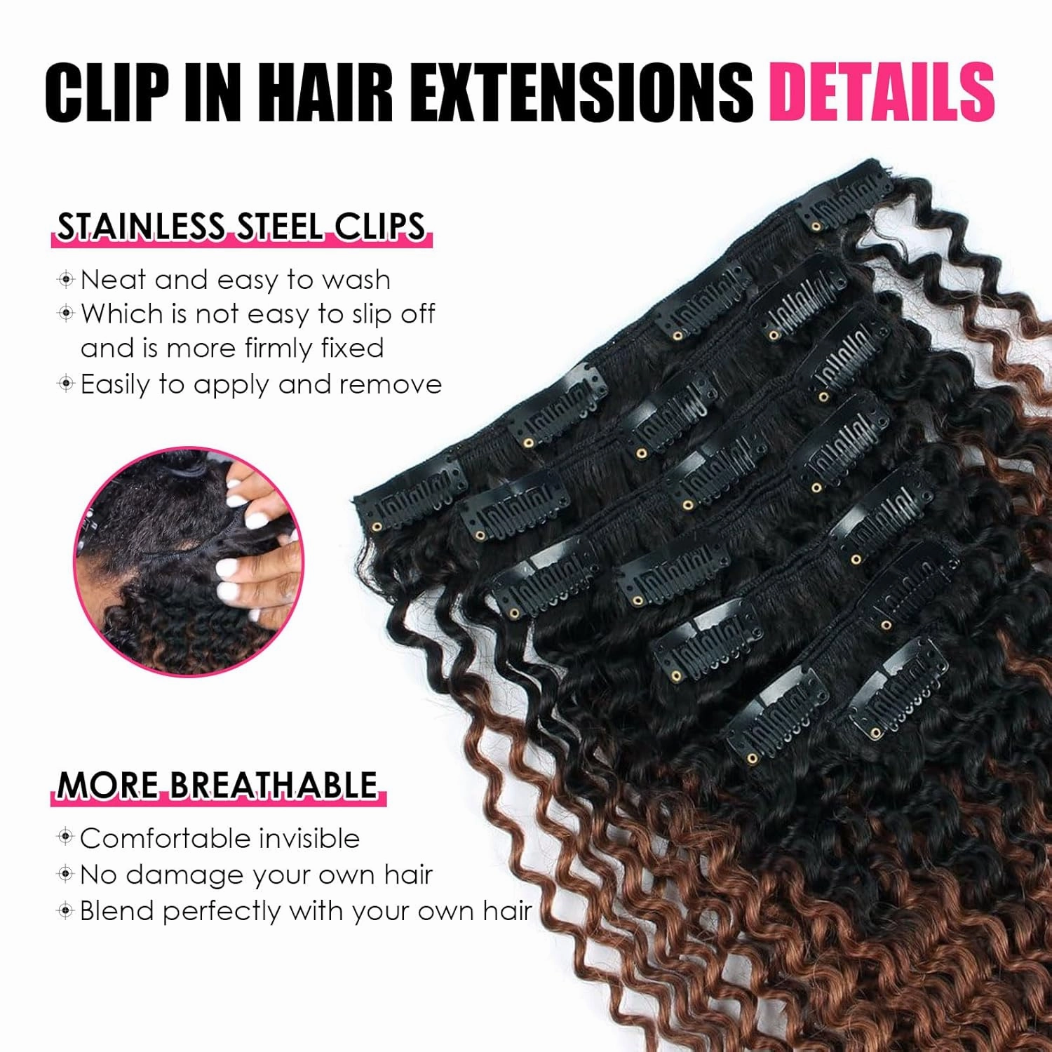 Curly Clip in Hair Extensions Real Human Hair 3C 4A Kinky Curly Clip ins Double Weft Curly Clip ins Human Hair Ombre Auburn Hair Extensions for Black Women 14 Inch 7Pcs 120g 1BT30