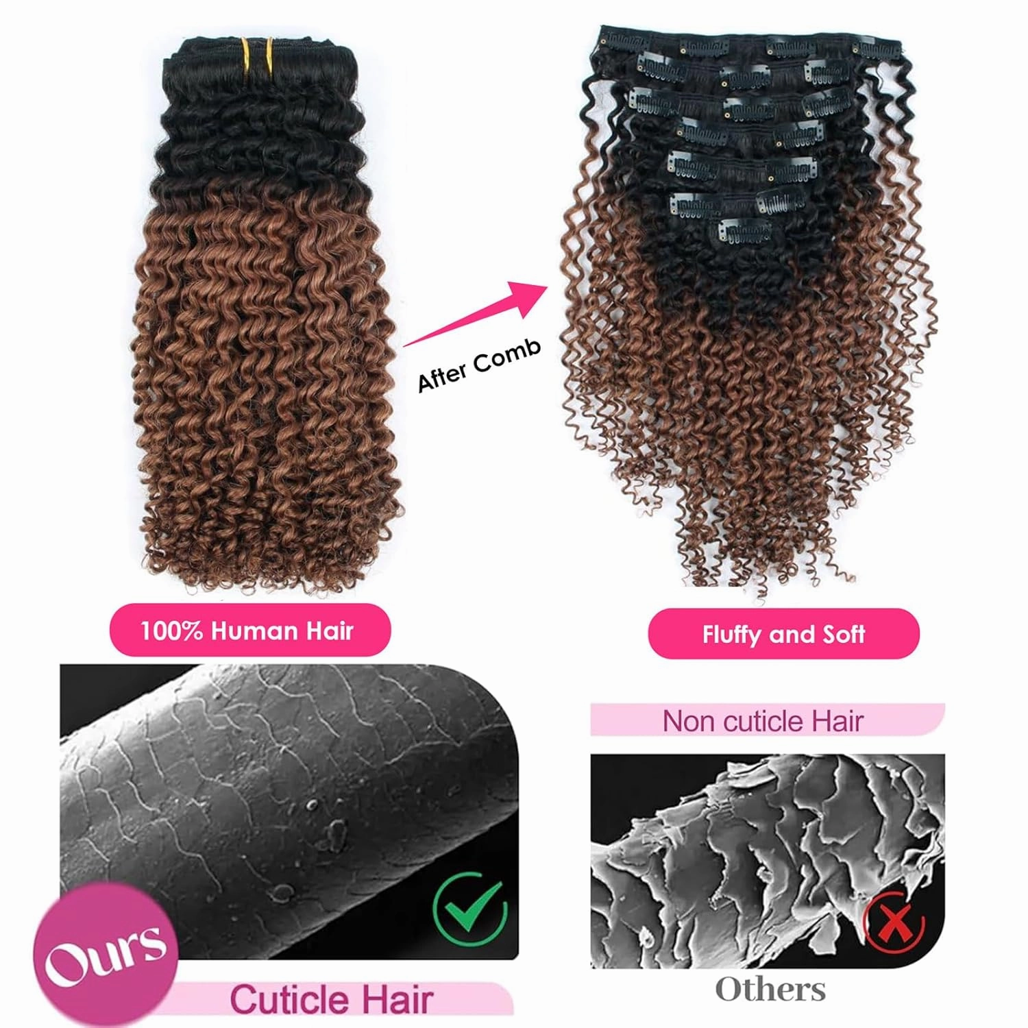 Curly Clip in Hair Extensions Real Human Hair 3C 4A Kinky Curly Clip ins Double Weft Curly Clip ins Human Hair Ombre Auburn Hair Extensions for Black Women 14 Inch 7Pcs 120g 1BT30