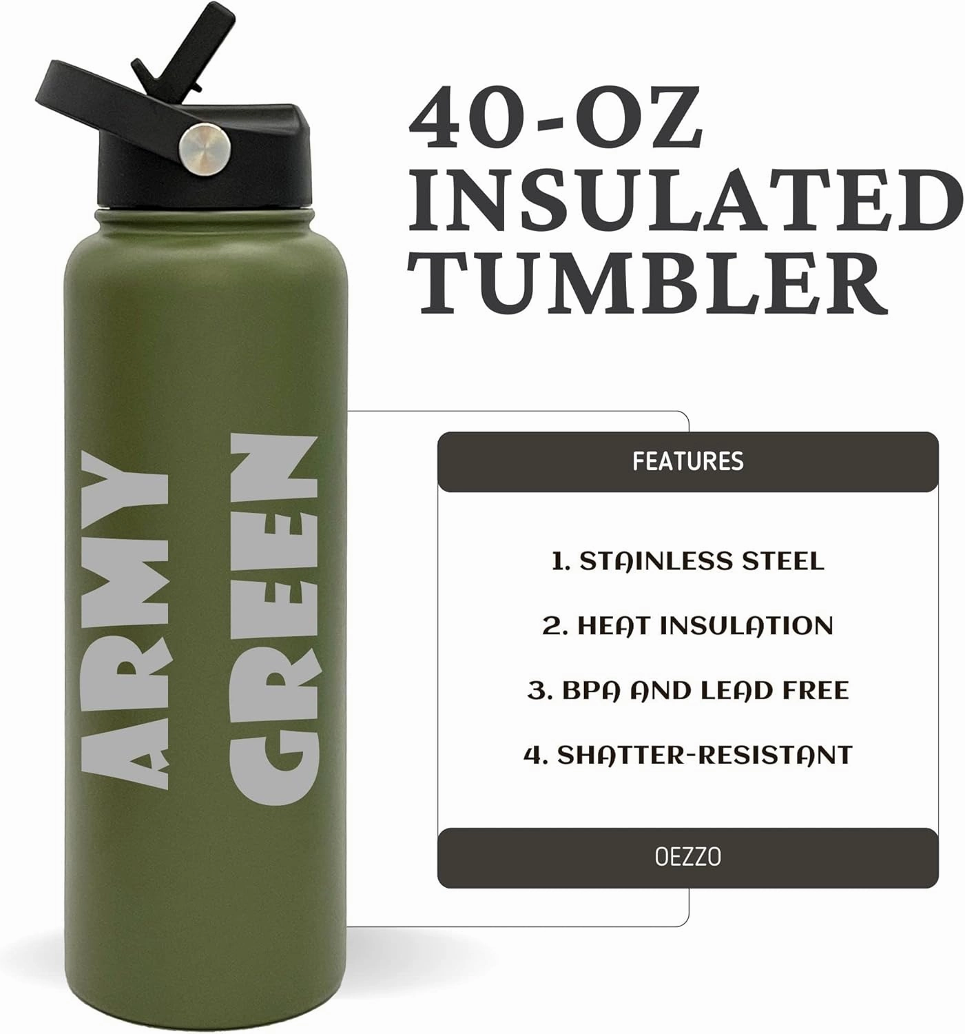 Customized Tumblers, Double Wall Personalized Bottles with Splash and Leak Proof Flip Top Lid, Laser Engraved Text for Special Holidays - Travel Gifts for Him and Her (40oz, Army Green)