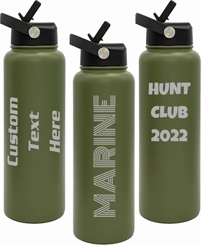 Customized Tumblers, Double Wall Personalized Bottles with Splash and Leak Proof Flip Top Lid, Laser Engraved Text for Special Holidays - Travel Gifts for Him and Her (40oz, Army Green)