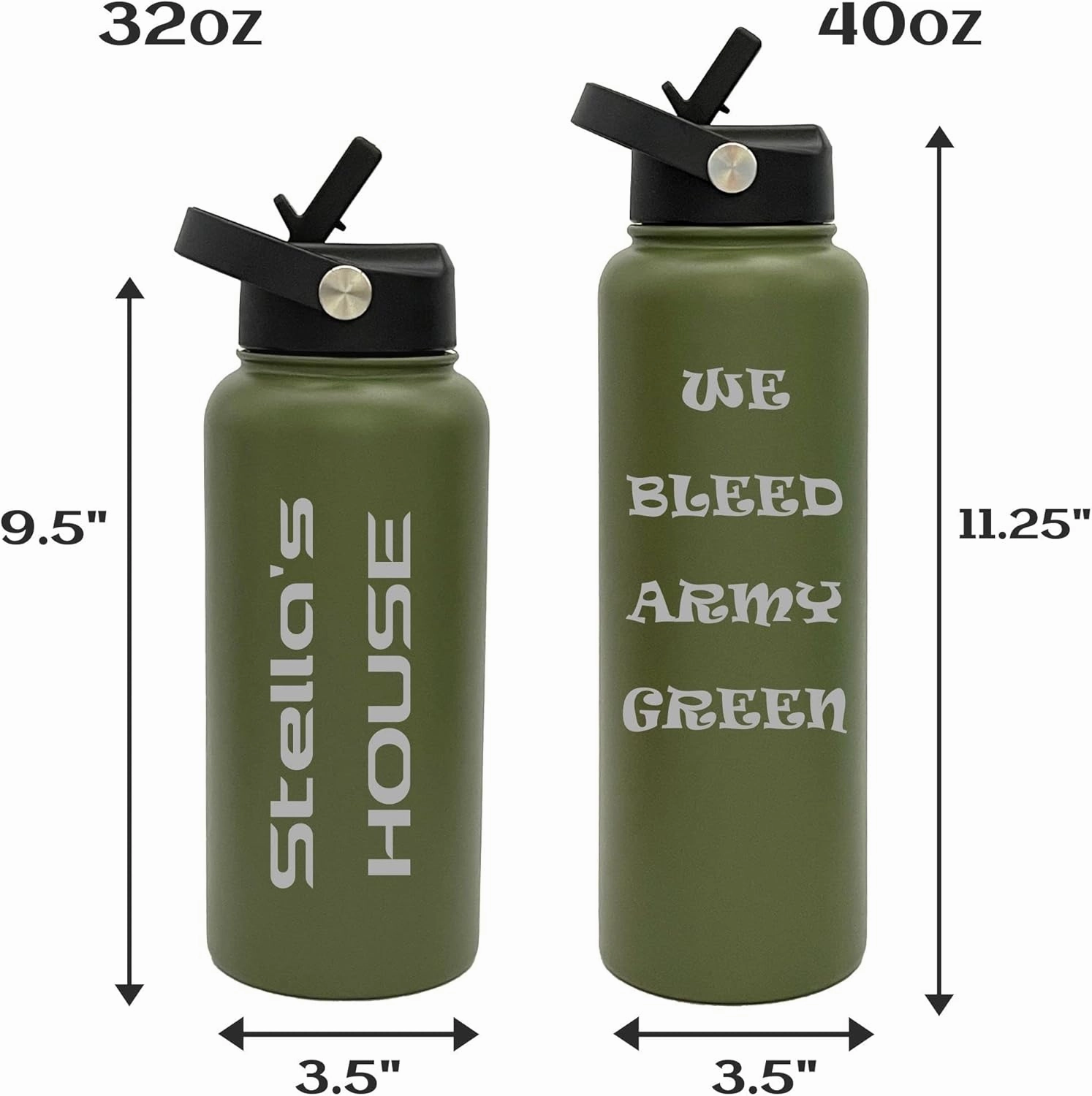 Customized Tumblers, Double Wall Personalized Bottles with Splash and Leak Proof Flip Top Lid, Laser Engraved Text for Special Holidays - Travel Gifts for Him and Her (40oz, Army Green)