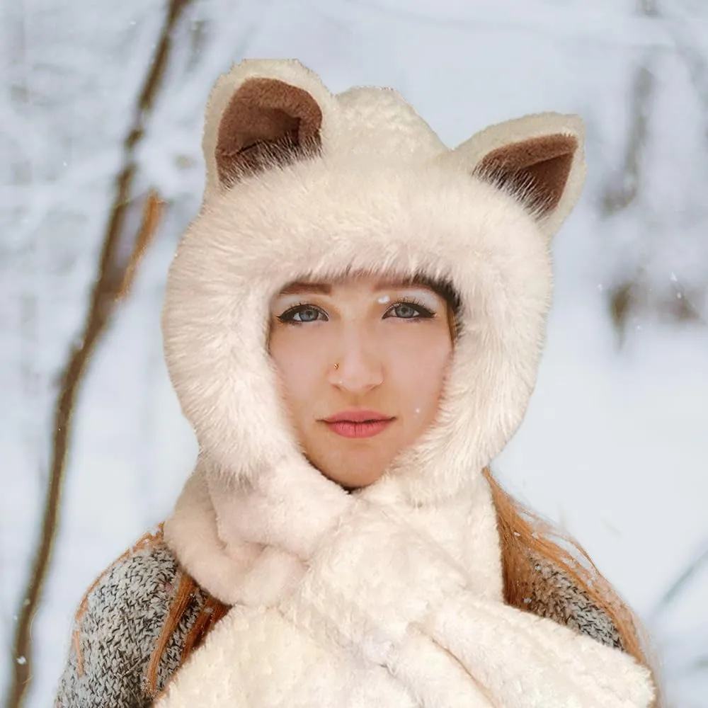 Cute Fox Ears 2-in-1 Hat and Scarf, Integrated Ear Protection Windproof Cap, Winter Set for Women