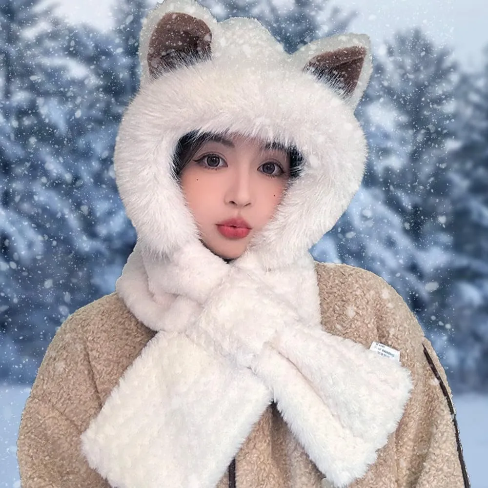 Cute Fox Ears 2-in-1 Hat and Scarf, Integrated Ear Protection Windproof Cap, Winter Set for Women
