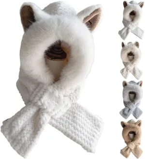 Cute Fox Ears 2-in-1 Hat and Scarf, Integrated Ear Protection Windproof Cap, Winter Set for Women