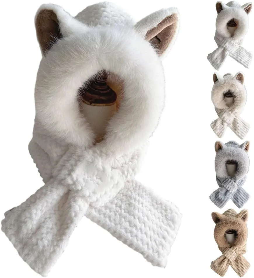 Cute Fox Ears 2-in-1 Hat and Scarf, Integrated Ear Protection Windproof Cap, Winter Set for Women
