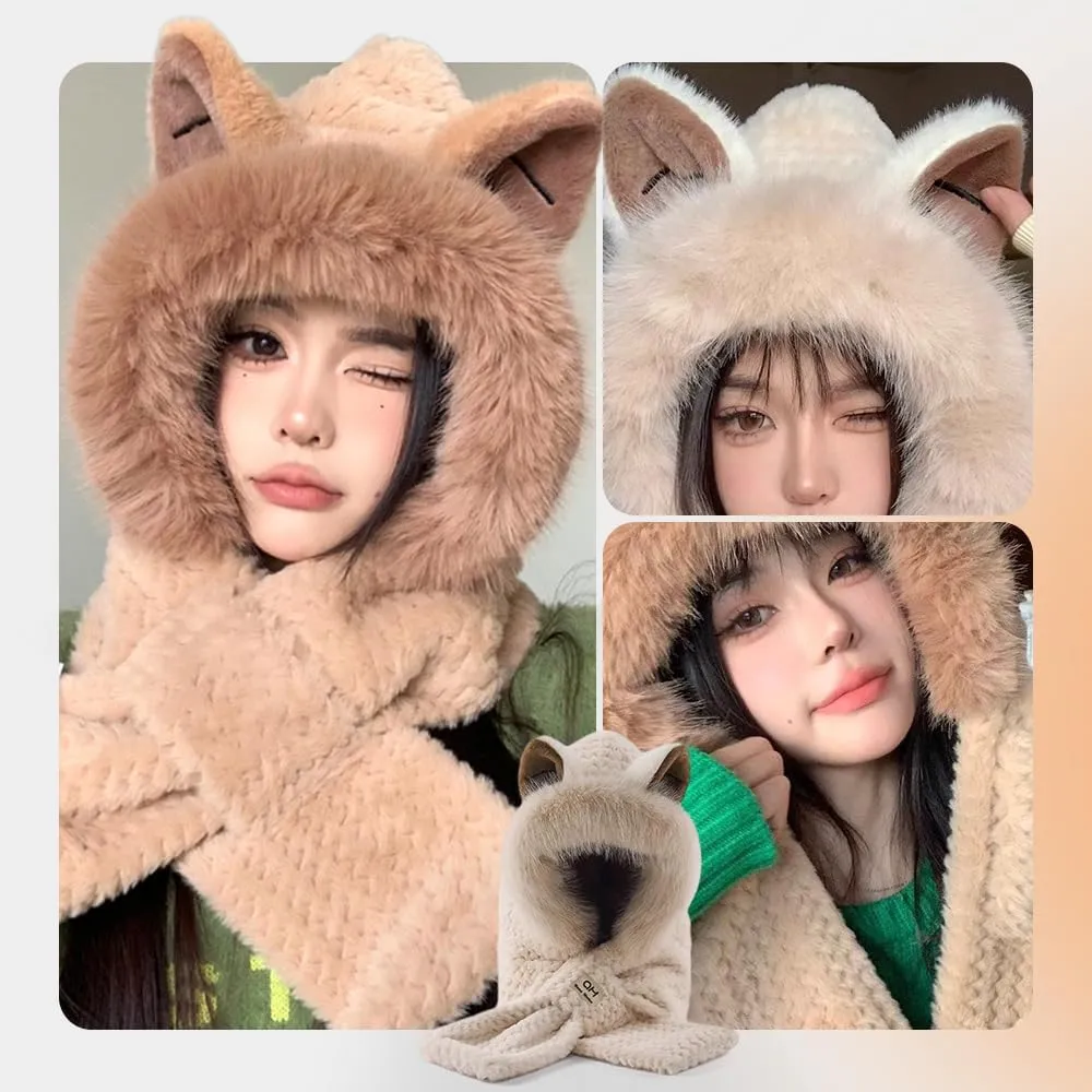 Cute Fox Ears 2-in-1 Hat and Scarf, Integrated Ear Protection Windproof Cap, Winter Set for Women