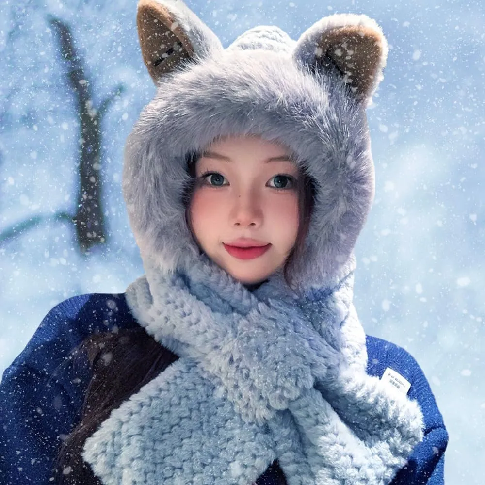 Cute Fox Ears 2-in-1 Hat and Scarf, Integrated Ear Protection Windproof Cap, Winter Set for Women