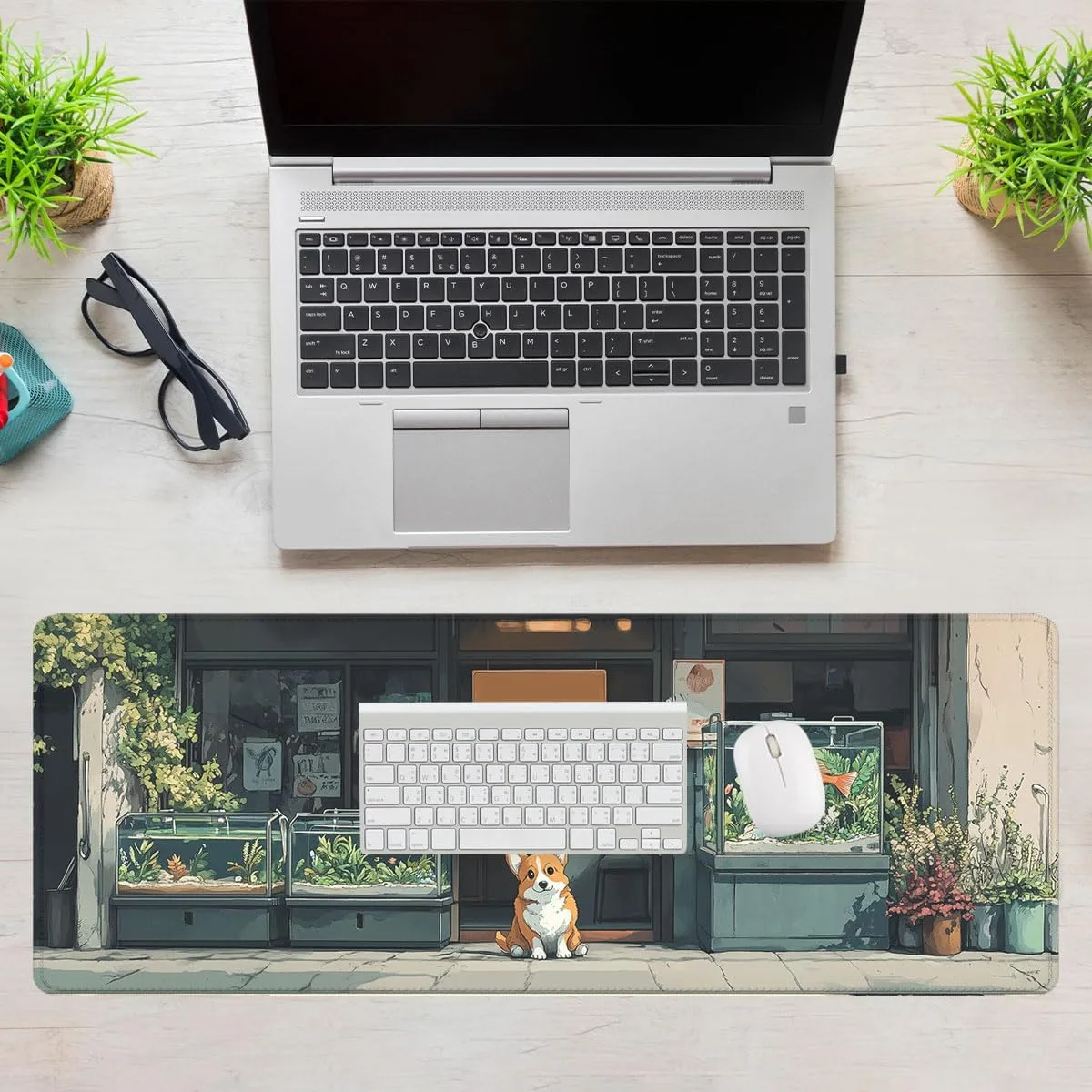 Cute Puppy Desk Pad Mouse Pad Orange Corgi Pet Store Fish Tank Plants Mousepad XL Large Gaming Mouse Pad Laptop Keyboard Mat Desk Pad Office Home Decor for Women Girl 31.5"x11.8"
