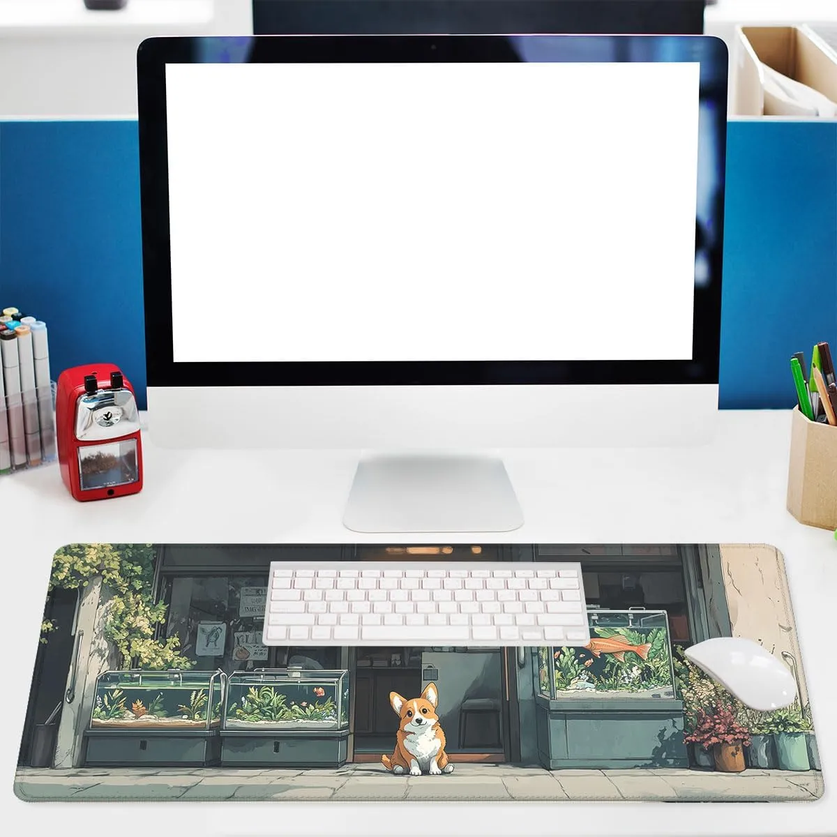 Cute Puppy Desk Pad Mouse Pad Orange Corgi Pet Store Fish Tank Plants Mousepad XL Large Gaming Mouse Pad Laptop Keyboard Mat Desk Pad Office Home Decor for Women Girl 31.5"x11.8"