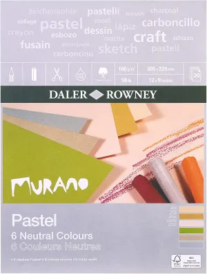 Daler-Rowney Murano 160gsm 12 x 9in Pastel Paper Pad, 160gsm, Honeycomb Texture, Glued 1 Side, Cotton Content, 30 Neutral Colours Sheets, Ideal for Professional Artists & Students