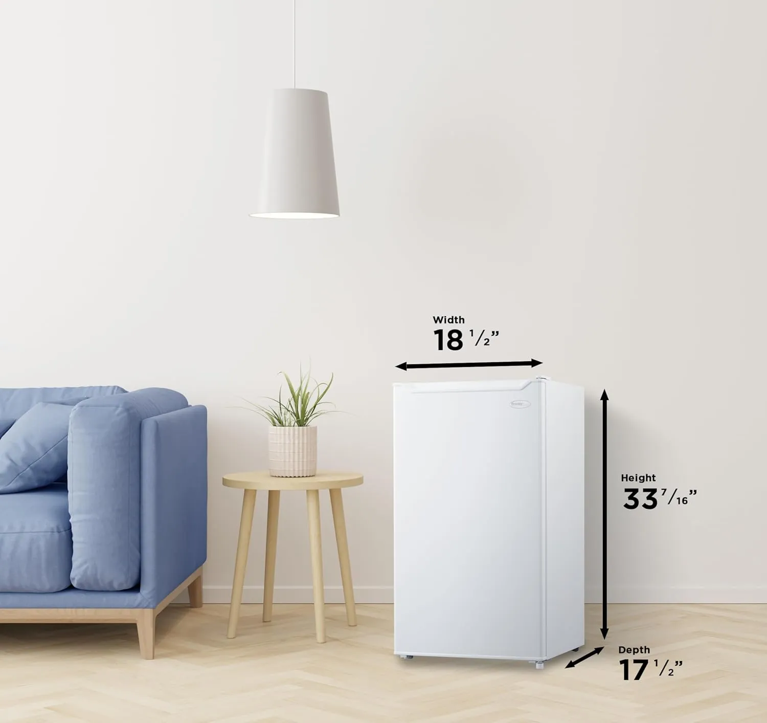 Danby DCR033B1WM 3.3 Cu.Ft. Compact Refrigerator, Mini Fridge with Chiller for Bar, Living Room, Den, Basement, Kitchen, or Dorm, White