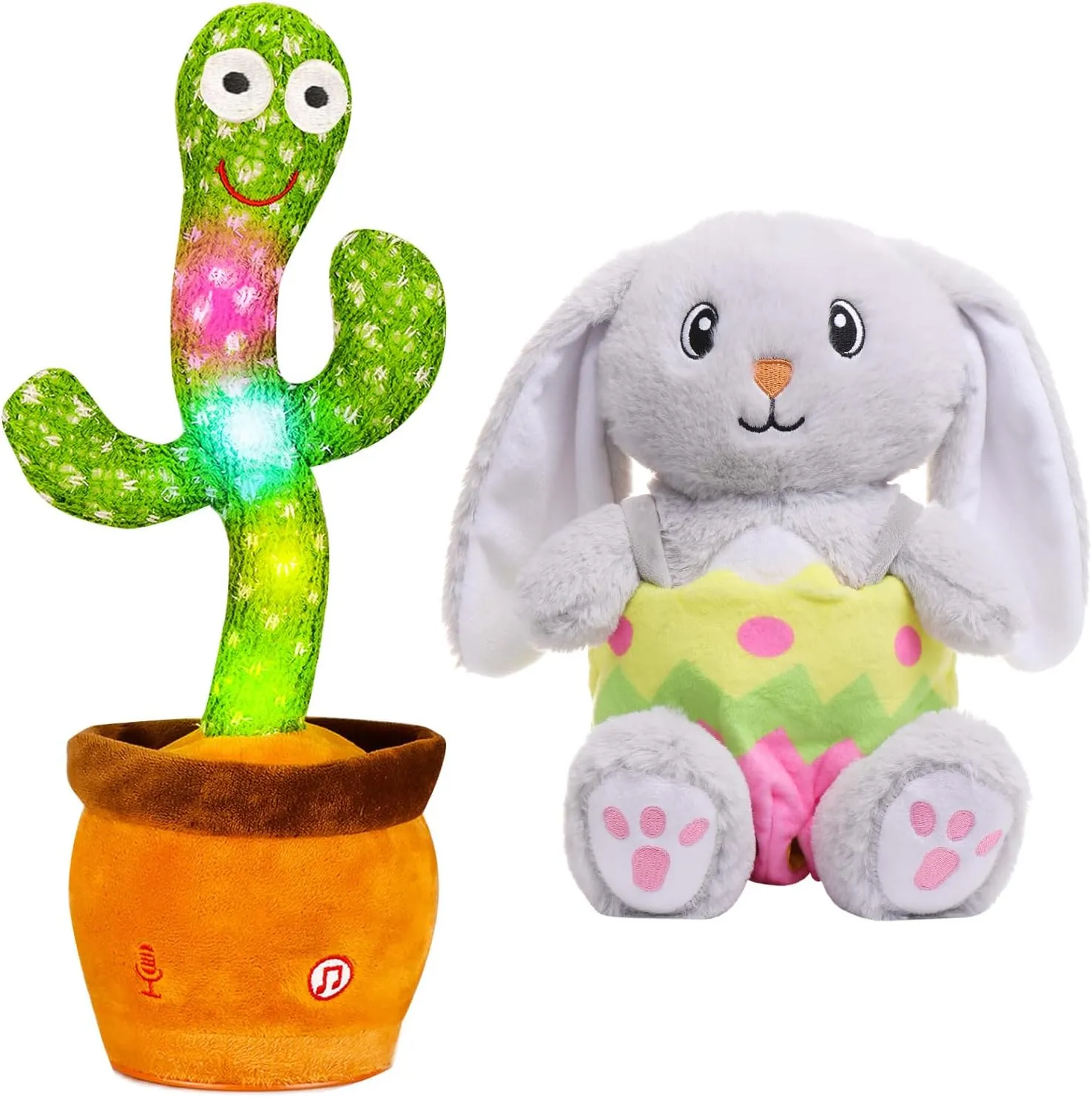 Dancing Cactus & Bunny Stuffed Animal Set, Talking Singing Glowing Cactus Toy with Removable Easter Basket, Perfect for Boys & Girls Easter Bunny Plushie Pillo