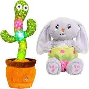 Dancing Cactus & Bunny Stuffed Animal Set, Talking Singing Glowing Cactus Toy with Removable Easter Basket, Perfect for Boys & Girls Easter Bunny Plushie Pillo