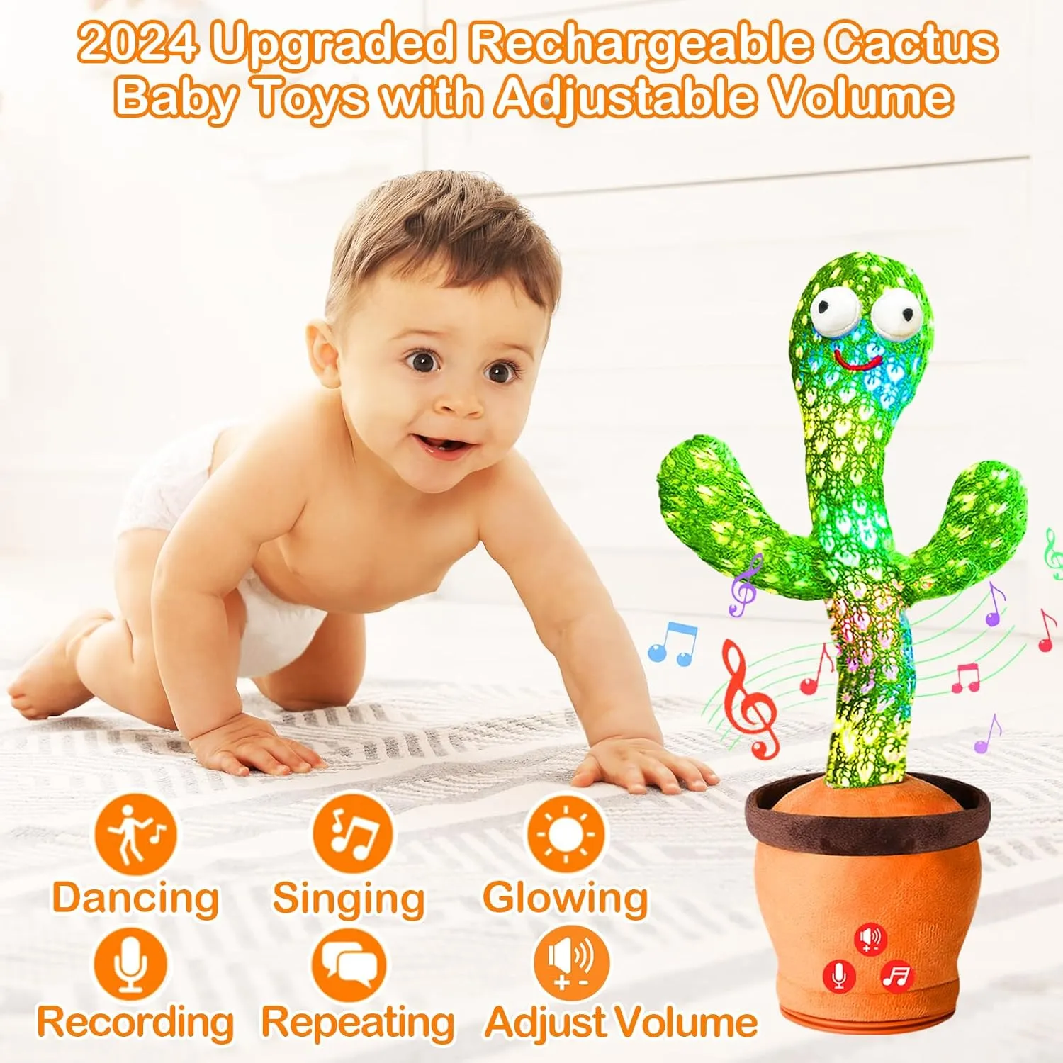 Dancing Talking Cactus Toy with Adjustable Volume, Interactive Cactus Baby Toys for 6-18 Months , Upgraded Safe and Secure Plush Eyes Baby Toys, Birthday Gifts for Babies (Green)