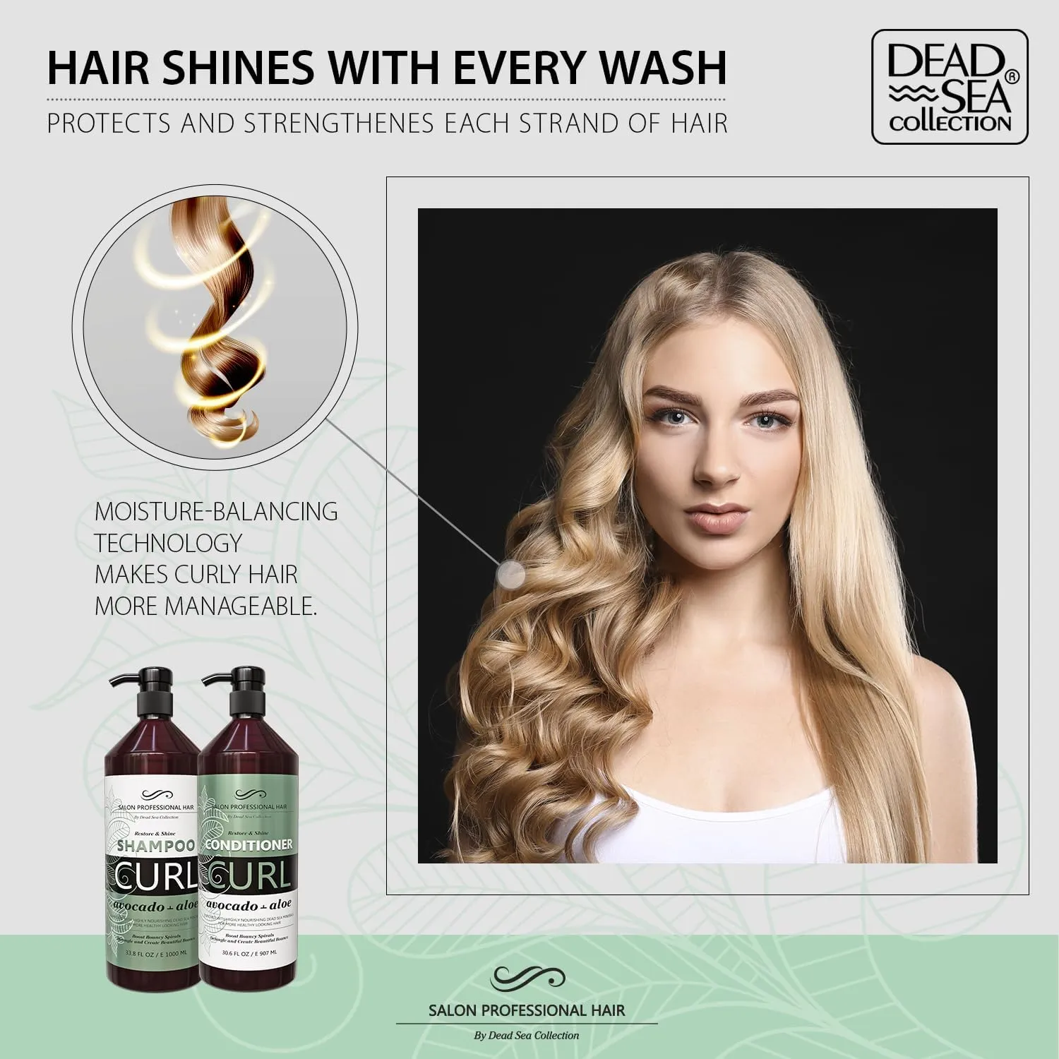 Dead Sea Collection Shampoo and Conditioner Set for Curly Hair - Pure Dead Sea Minerals, Avocado and Aloe – Professional Hair Care - Softening and Moisturizing - Pack of 2 (33.8 & 30.6 Fl. Oz)