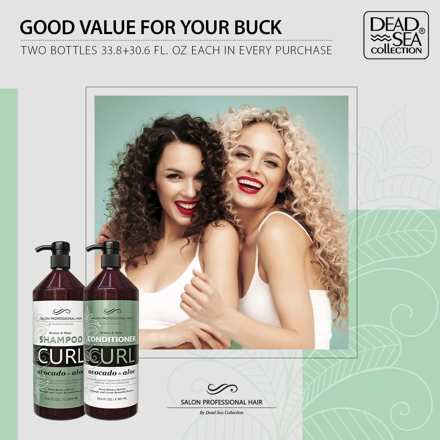 Dead Sea Collection Shampoo and Conditioner Set for Curly Hair - Pure Dead Sea Minerals, Avocado and Aloe – Professional Hair Care - Softening and Moisturizing - Pack of 2 (33.8 & 30.6 Fl. Oz)