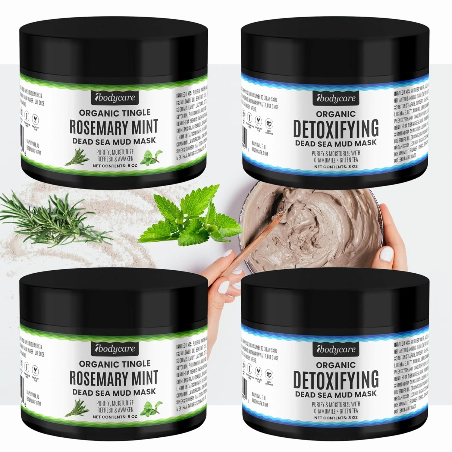 Dead Sea Mud Mask 4 Pack 2 Detox and 2 Rosemary Mint Hydrating Clay Masks with Bentonite and Kaolin Clay Whipped Texture Non Drying Pore Minimizer for Face 8 oz Each, 4 jars