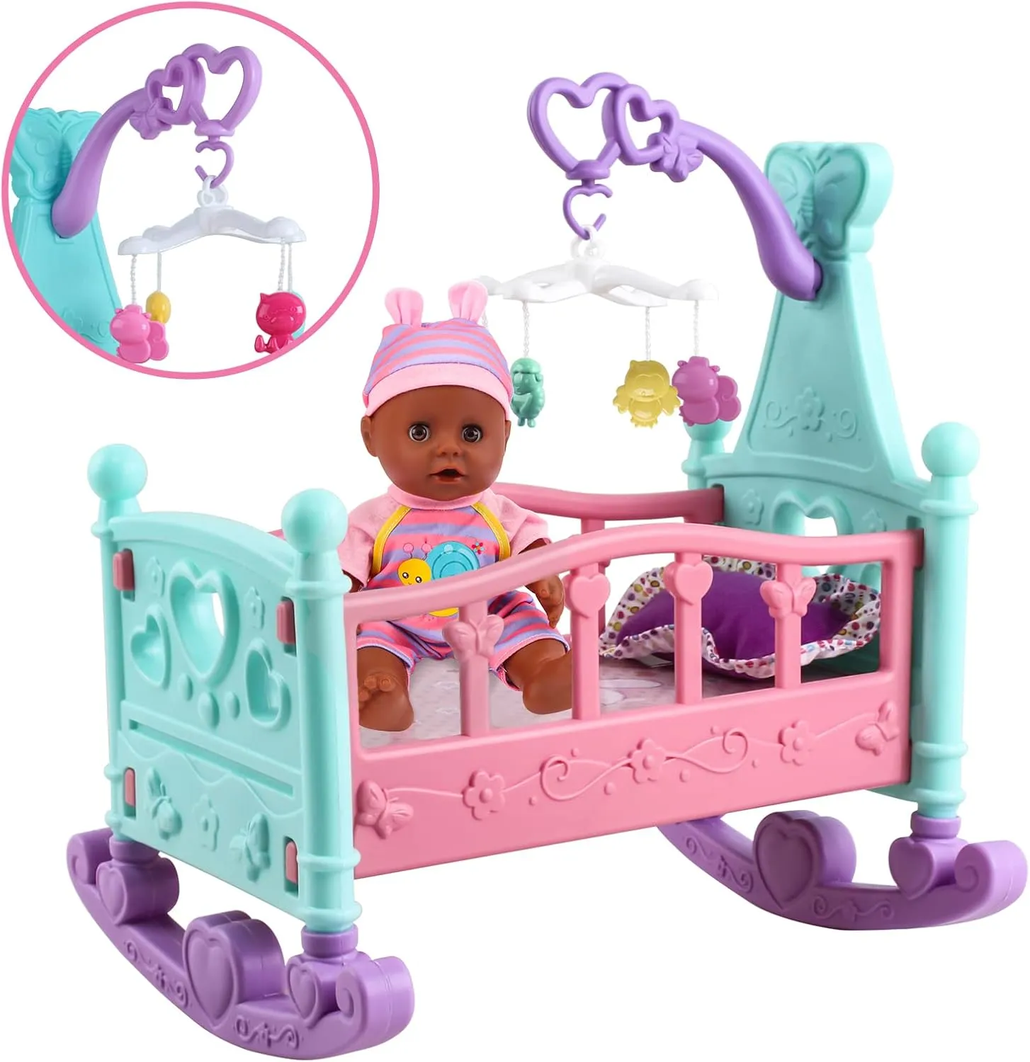deAO Black Baby Doll Set - Mobile, High Chair, Stroller & Feeding Accessories - 21 Piece Play Set (Doll Included)
