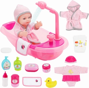 deAO Baby Doll Set with Bathtub,Doll Bath Set - Real Working Bathtub with Detachable Shower Spray