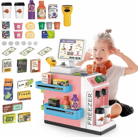 deAO Cash Register Toy Coffee Shop- 3-in-1 Interactive Pretend Play Set with Water Dispenser & Real Calculator, Learning Toy for Kids Ages 3-8, Role Play Store with Play Money & Food (Pink)