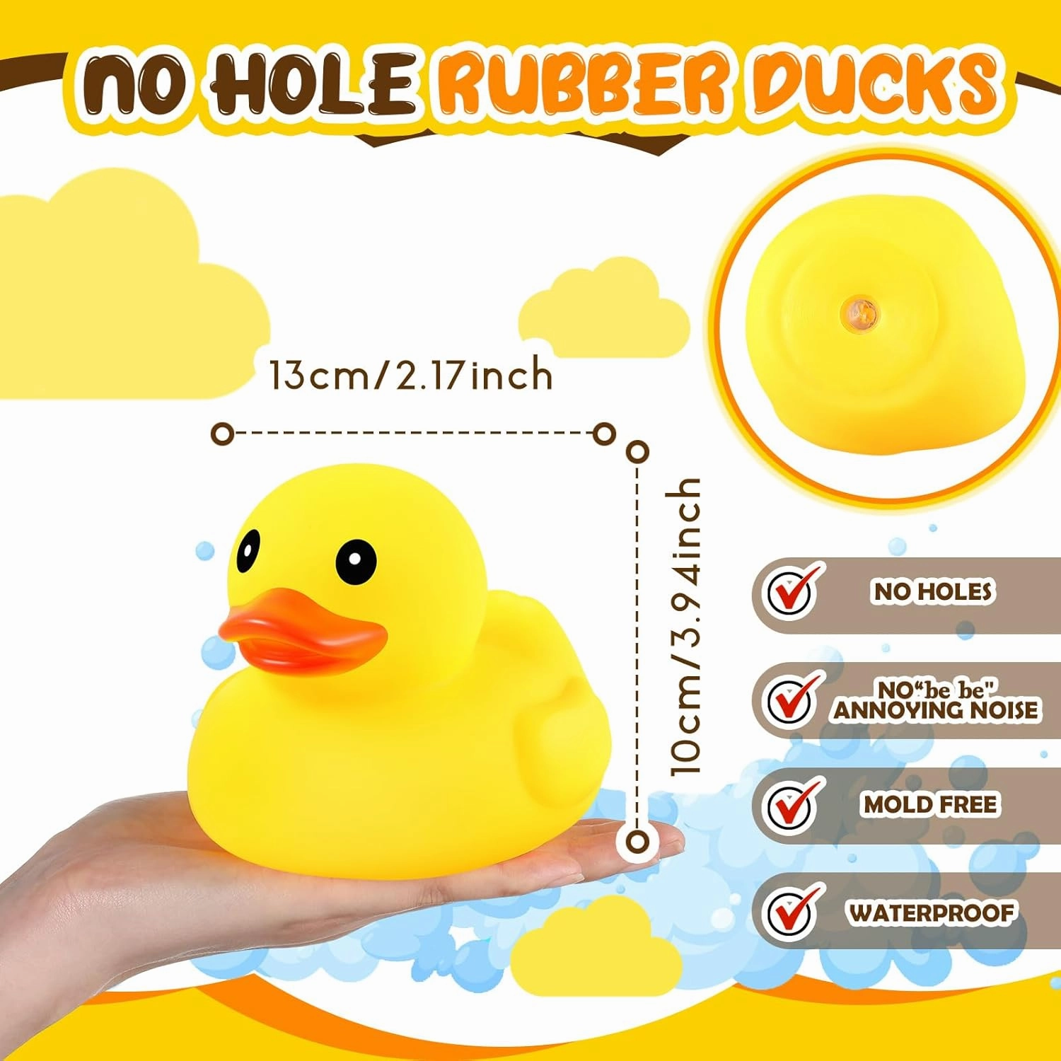 DEEKIN 10 Pcs Waterproof No Hole Yellow Rubber Ducks Large Duck Bath Toy with Sealed Plug Without Hole Bathtub Floating Bath Duck for Birthday Party Decoration Gift Swimming Pool (5 Inch)