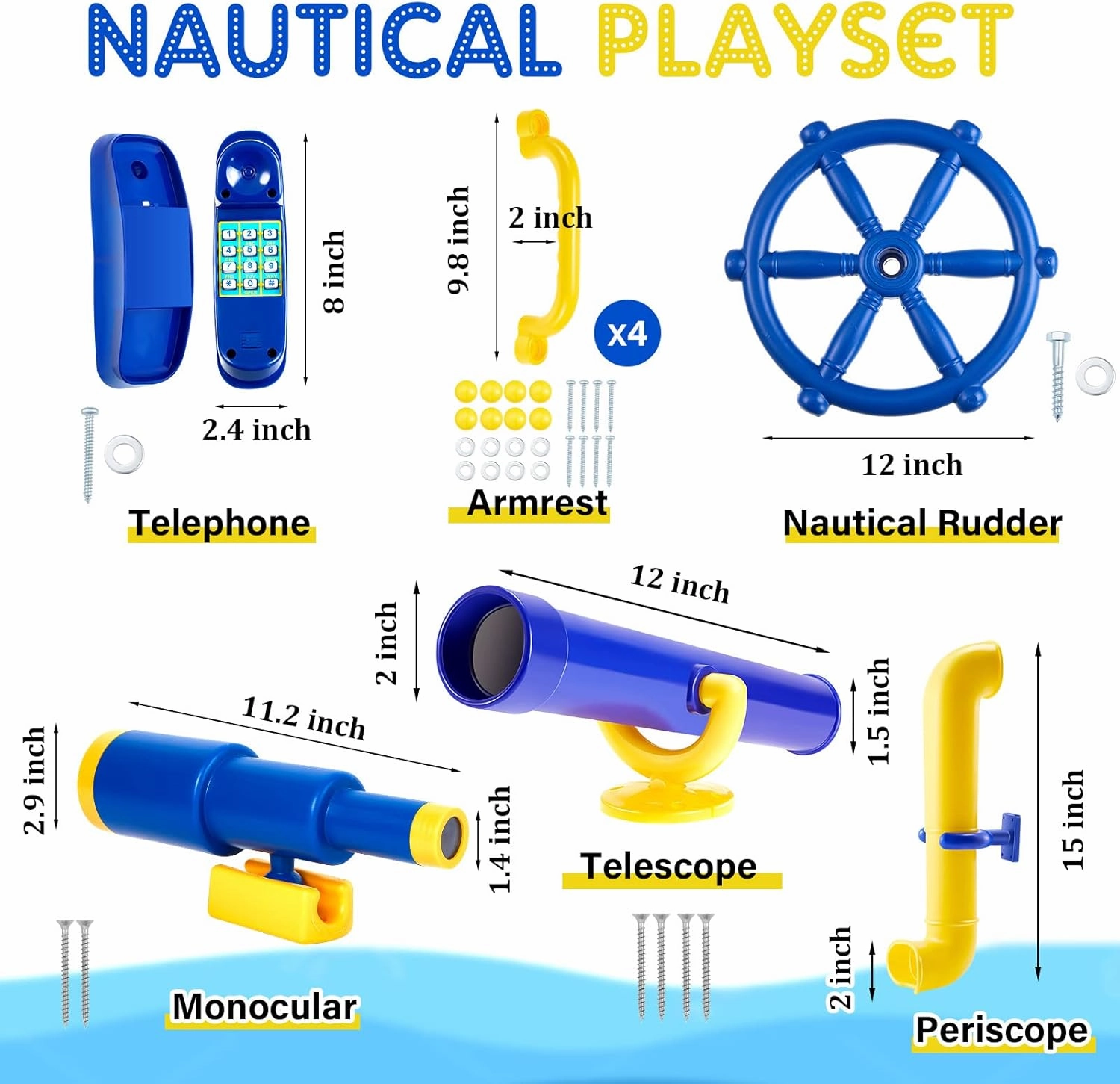 Deekin 9 Pcs Playground Accessories Swing Set Pirate Playground Equipment Set Include Plastic Wheel, Telescope, Periscope, Telephone, Safety Handle Bars for Outdoor Playhouse(Yellow, Blue)