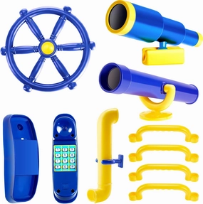 Deekin 9 Pcs Playground Accessories Swing Set Pirate Playground Equipment Set Include Plastic Wheel, Telescope, Periscope, Telephone, Safety Handle Bars for Outdoor Playhouse(Yellow, Blue)