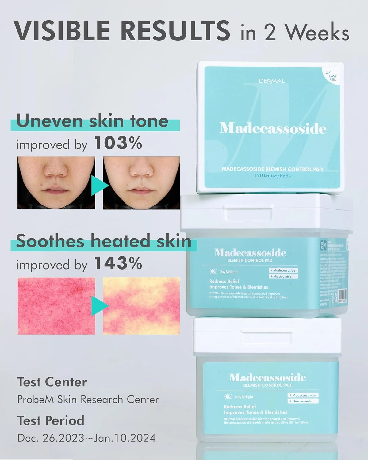 DERMAL Madecassoside Blemish Control Pad - Korean Toner Pad for Blemish & Tone Improvement with Centella Asiatica - Vegan Gauze Tencel Square Pads - High Capacity, 120 Sheets