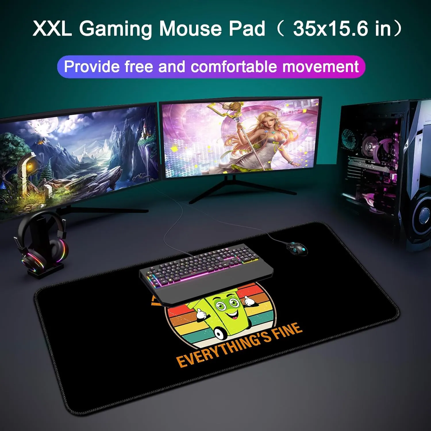 Desk Mat,Large Mouse Pad 35''×15.6'' XXL Extended Gaming Mouse Pad Mat with Non-Slip Base Stitched Eges Mousepad for Computer,Office,Keyboard and Laptop - Black Fire