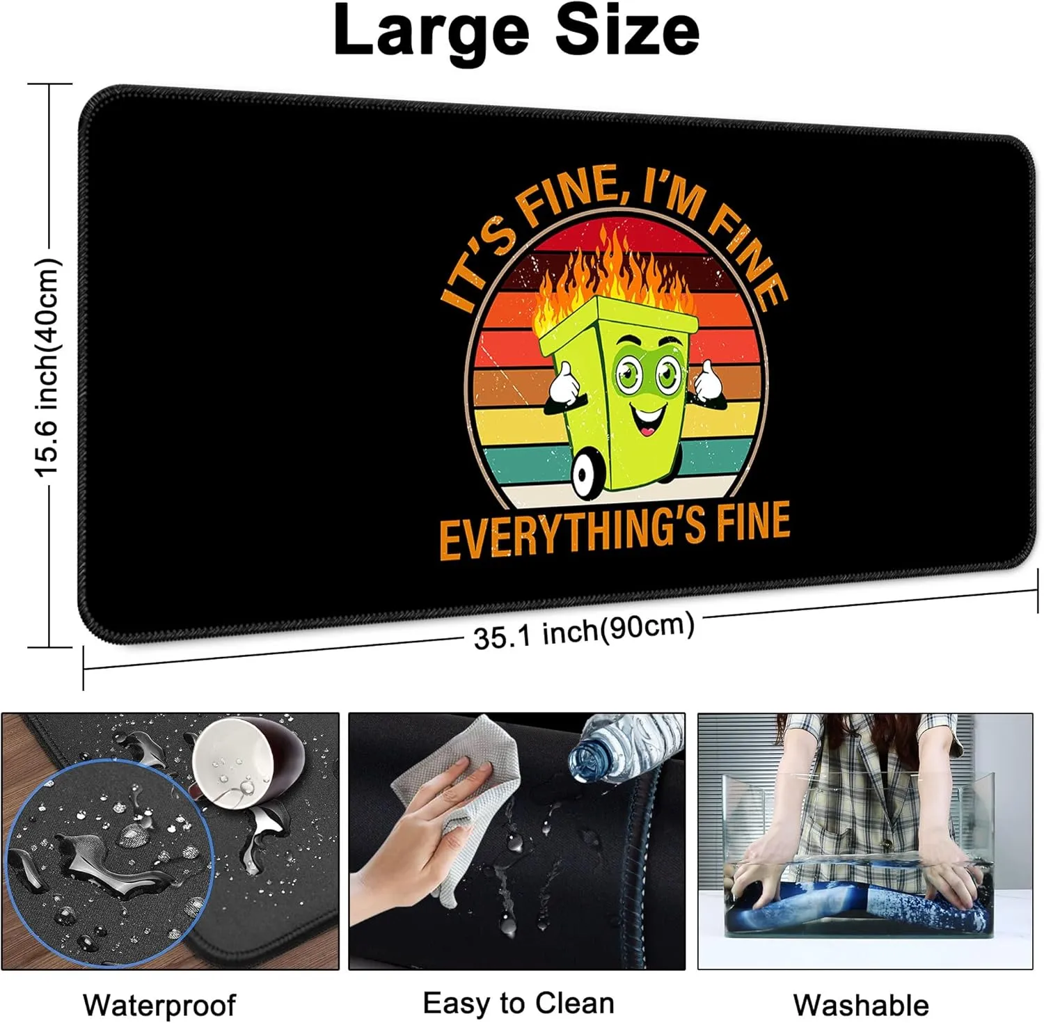 Desk Mat,Large Mouse Pad 35''×15.6'' XXL Extended Gaming Mouse Pad Mat with Non-Slip Base Stitched Eges Mousepad for Computer,Office,Keyboard and Laptop - Black Fire