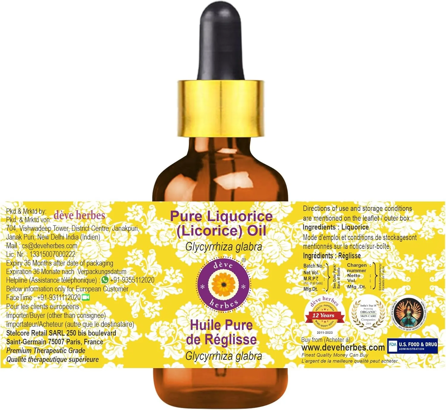 Deve Herbes Liquorice Oil (Glycyrrhiza glabra) with Glass Dropper | Infused | Pure | Non-Sticky | Lightweight | For Facial Care | Men & Women | 100ml (3.38 oz)