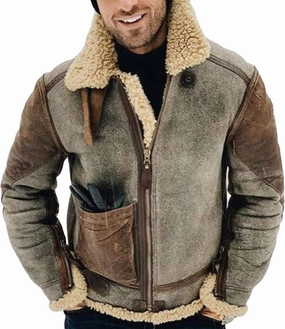 DGHM-JLMY Men's Lapel Plus Velvet Jacket Fur Leather Bomber Jacket Fur Collar Aviator Zipper Faux Lamb Casual Cardigan
