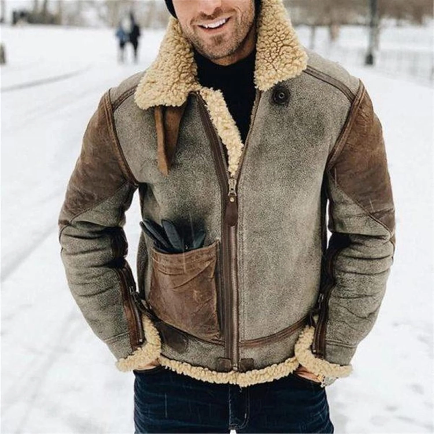 DGHM-JLMY Men's Lapel Plus Velvet Jacket Fur Leather Bomber Jacket Fur Collar Aviator Zipper Faux Lamb Casual Cardigan