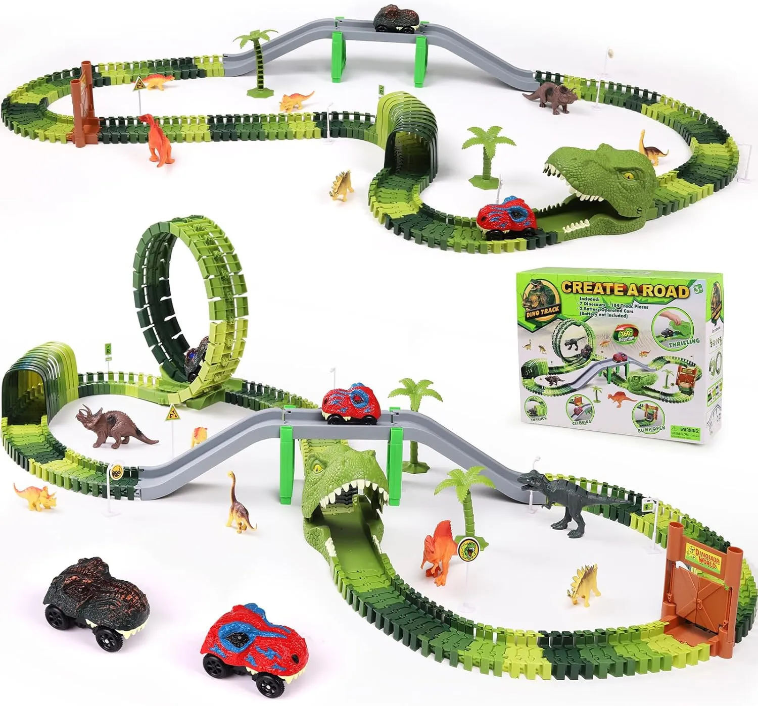 Dinosaur Race Track Toys for Kids Toddlers, Dinosaur Toys for 3 4 5 6 7 8Years Old Boys and Girls,Flexible Train Tracks with 3 Dinosaur Cars