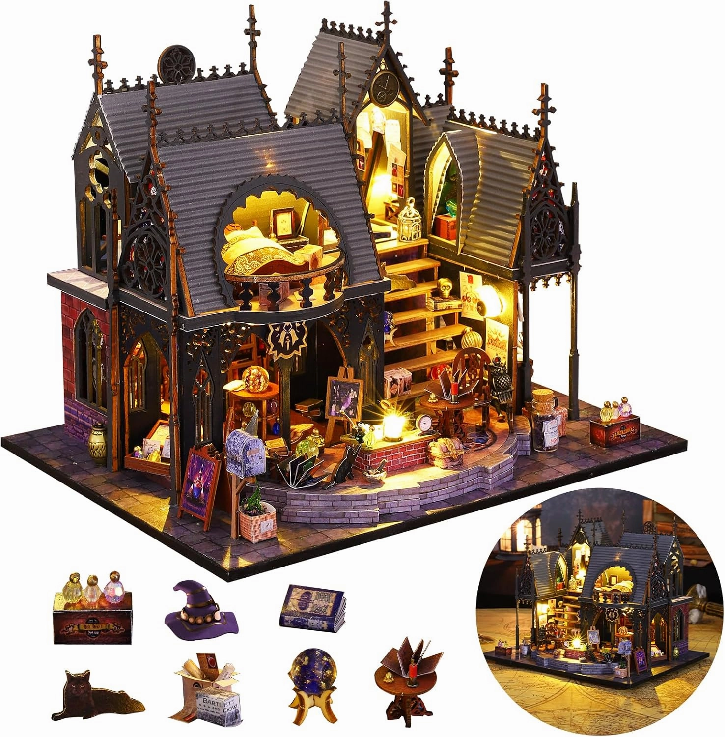 DIY Miniature House Kit, Tiny for Adults to Build, 3D Wooden Puzzles Dollhouse Bookshelf Insert Decor Alley-Creativity Kit with LED Light for Family and Friends (Luna's Magic House)