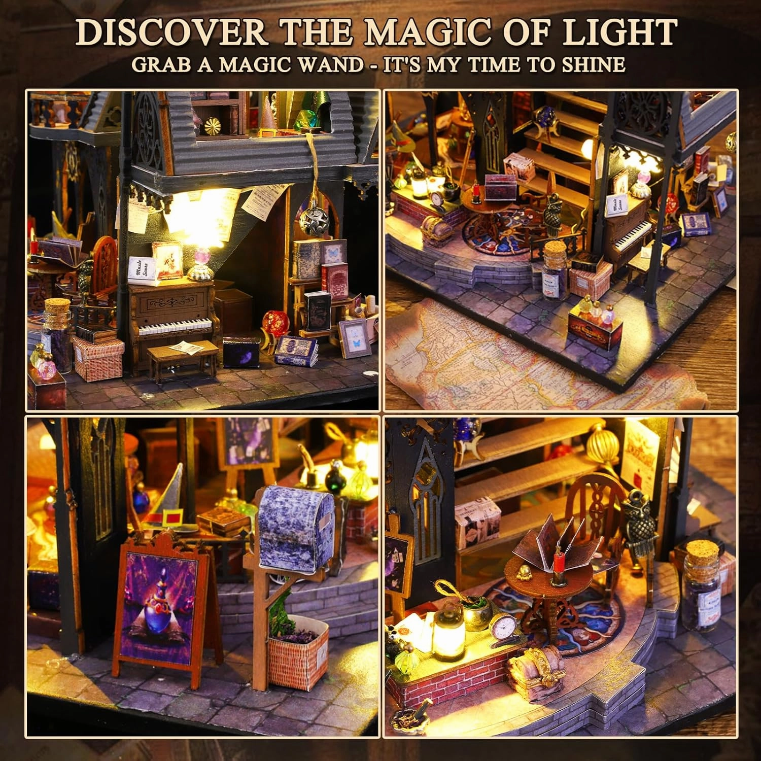 DIY Miniature House Kit, Tiny for Adults to Build, 3D Wooden Puzzles Dollhouse Bookshelf Insert Decor Alley-Creativity Kit with LED Light for Family and Friends (Luna's Magic House)