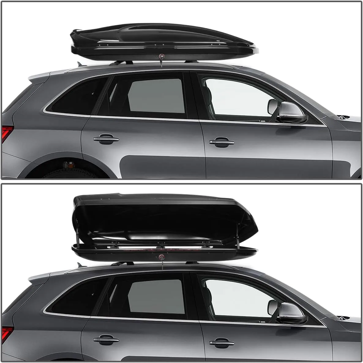 DNA MOTORING Rooftop Cargo Box Carrier Compatible with 09-16 Audi Q5, Lockable Waterproof Hard Shell Top Mount Carrier w/Lock Keys   Pair Aluminum Roof Rail Cross Bars, Black, PT-ZTL-8135-BK