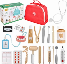 Doctor Kit for Kids, Dentist Pretend Play Educational Doctor Toy Set, 25Pcs Wooden Medical Kit with Stethoscope & Bag & Pretend Teeth & Doctor Toys, Role Play Toys for Girls Boys 3 4 5 6 Year Old