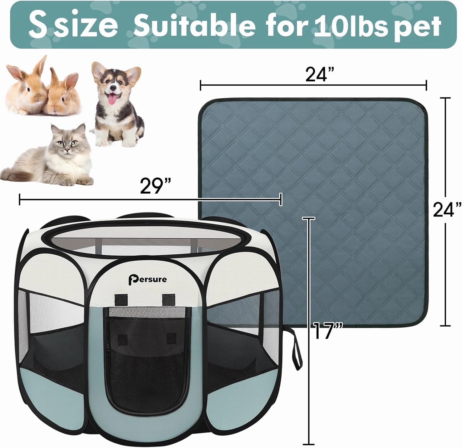 Dog Cat Playpen Indoor Outdoor for Puppy Pet Dogs Cat Travel and Recovery After Surgery, Dog Enclosure Tent Crates Cage, Portable Pop Up Dogs Kennel with Carrying Case(Grey, Small with Pad)