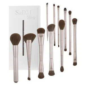Double Ended Makeup Brush Set (11 Pieces) - Includes Foundation, Powder, Concealer, Highlighter, Contour, Eye Shadow & Blush Brushes - Face & Eye Make Up Brush with Synthetic Bristles - Case Included