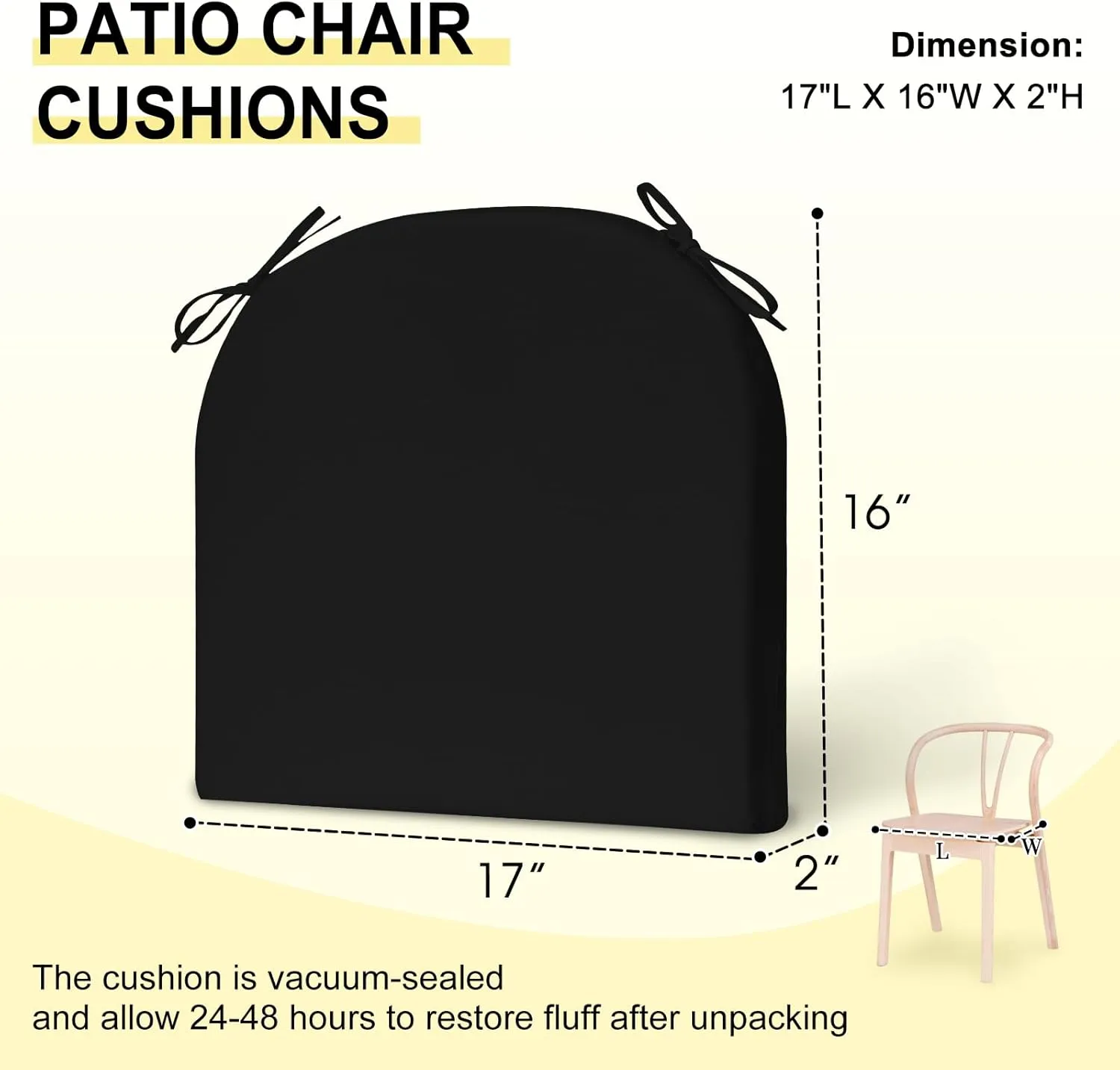downluxe Outdoor Chair Cushions Set of 4 for Patio Furniture, Water-Resistant Patio Chair Cushions with Ties, High Density Foam Outdoor Seat Cushion, 17" X 16" X 2", Black